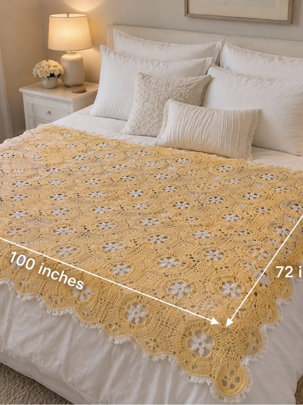 Handmade Yellow Crochet Bedspread Throw - Soft Floral Coverlet